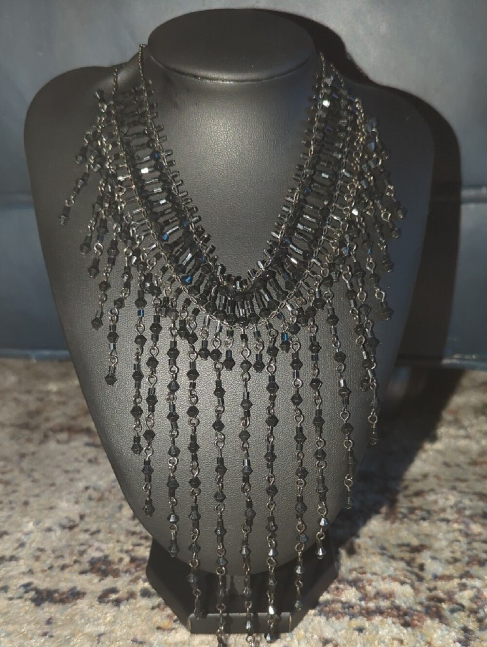 Elegant Black Fringe Beaded Statement Necklace - Picture 2 of 4